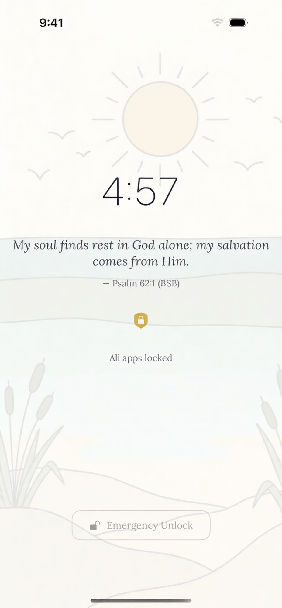 Lock screen showing Scripture — My soul finds rest in God alone