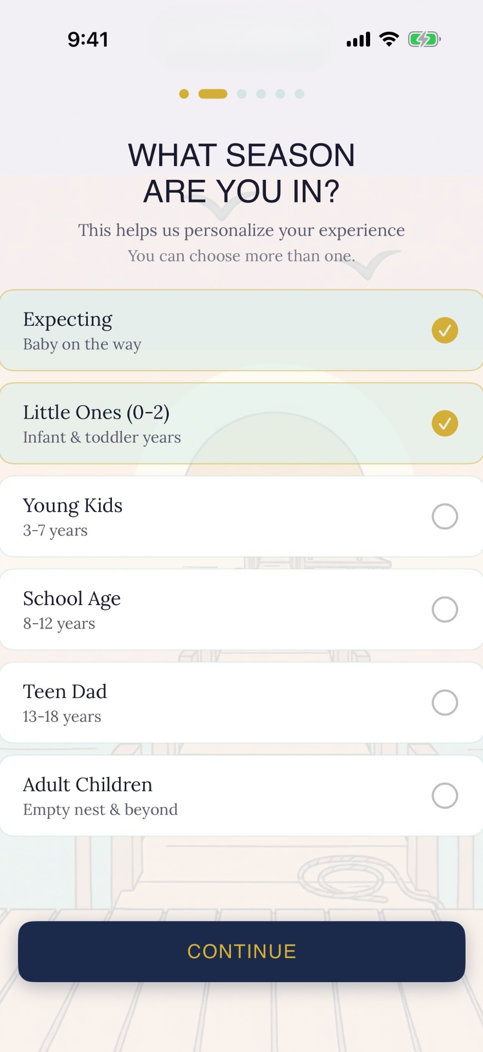 Harbor & Cross season selection — Expecting, Little Ones, Young Kids, School Age, Teen Dad, Adult Children